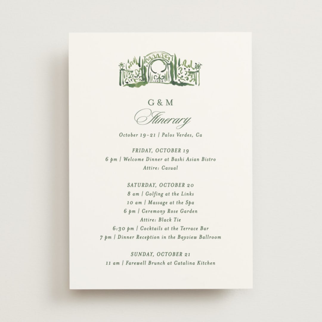 "gates and pillars" - Wedding Weekend Itinerary Cards in Sap by Becky Nimoy - Front