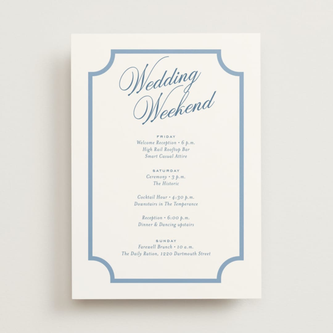 "Marenza" - Wedding Weekend Itinerary Cards in Bluebell by Jessica Williams - Front