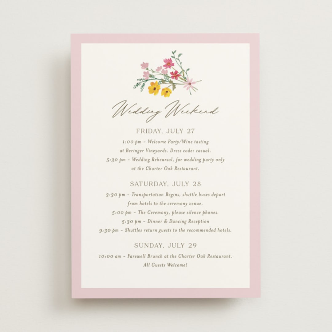 "Wildflower Wreath" - Wedding Weekend Itinerary Cards in Peony by Yaling Hou Suzuki - Front