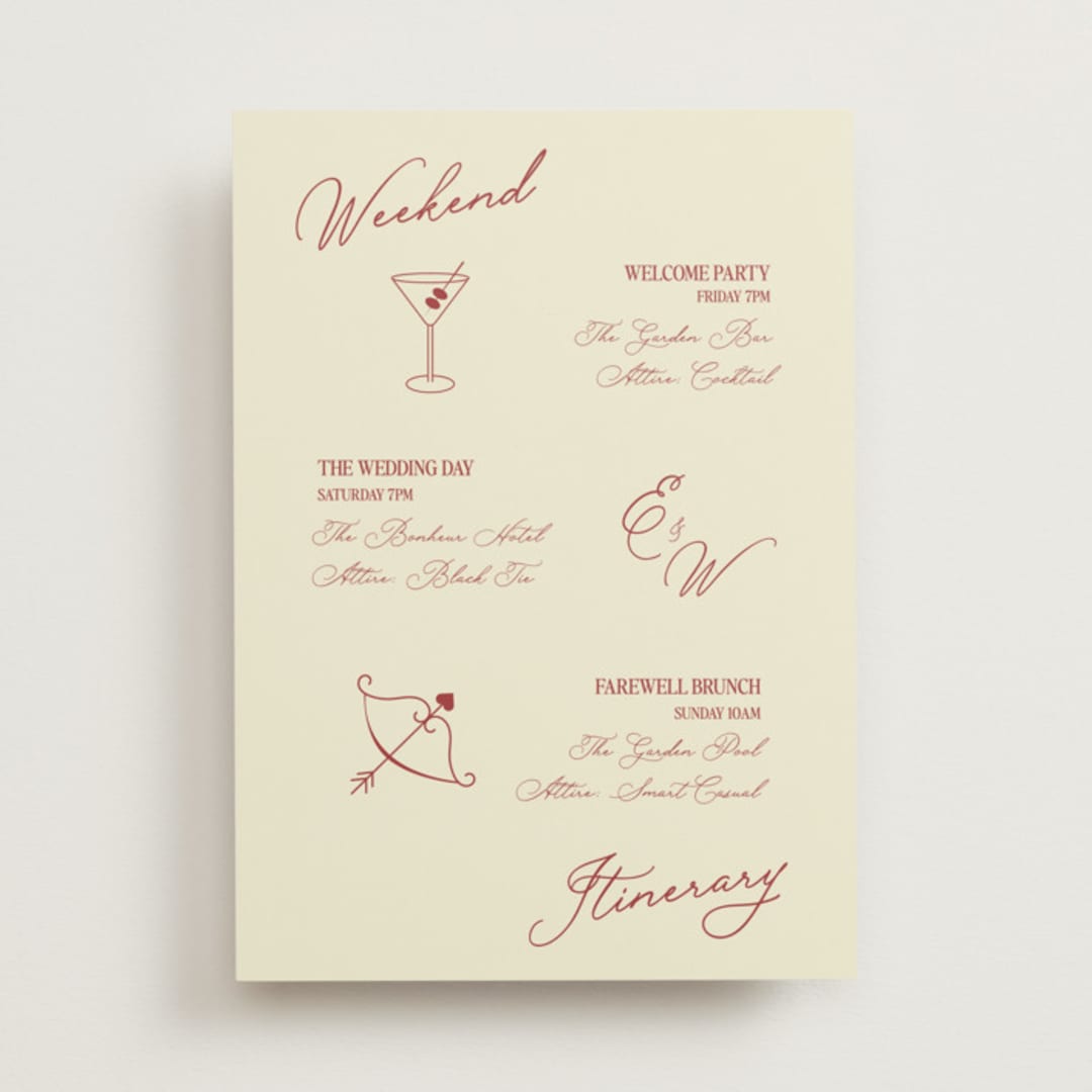 "Elizabeth" - Wedding Weekend Itinerary Cards in Burgundy by Helena Vitto - Front