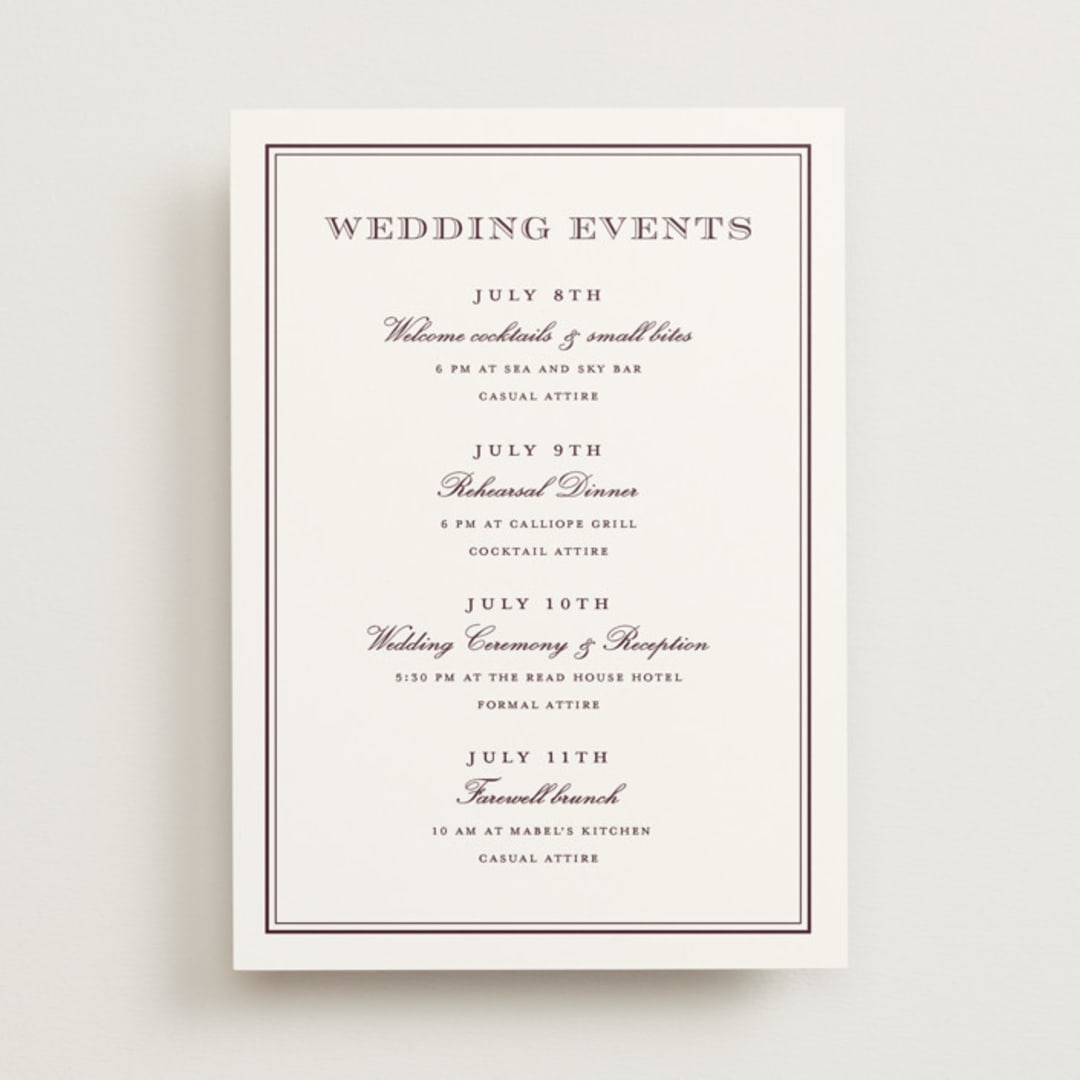 "Engraved names" - Wedding Weekend Itinerary Cards in Burgundy by Stacey Meacham - Front