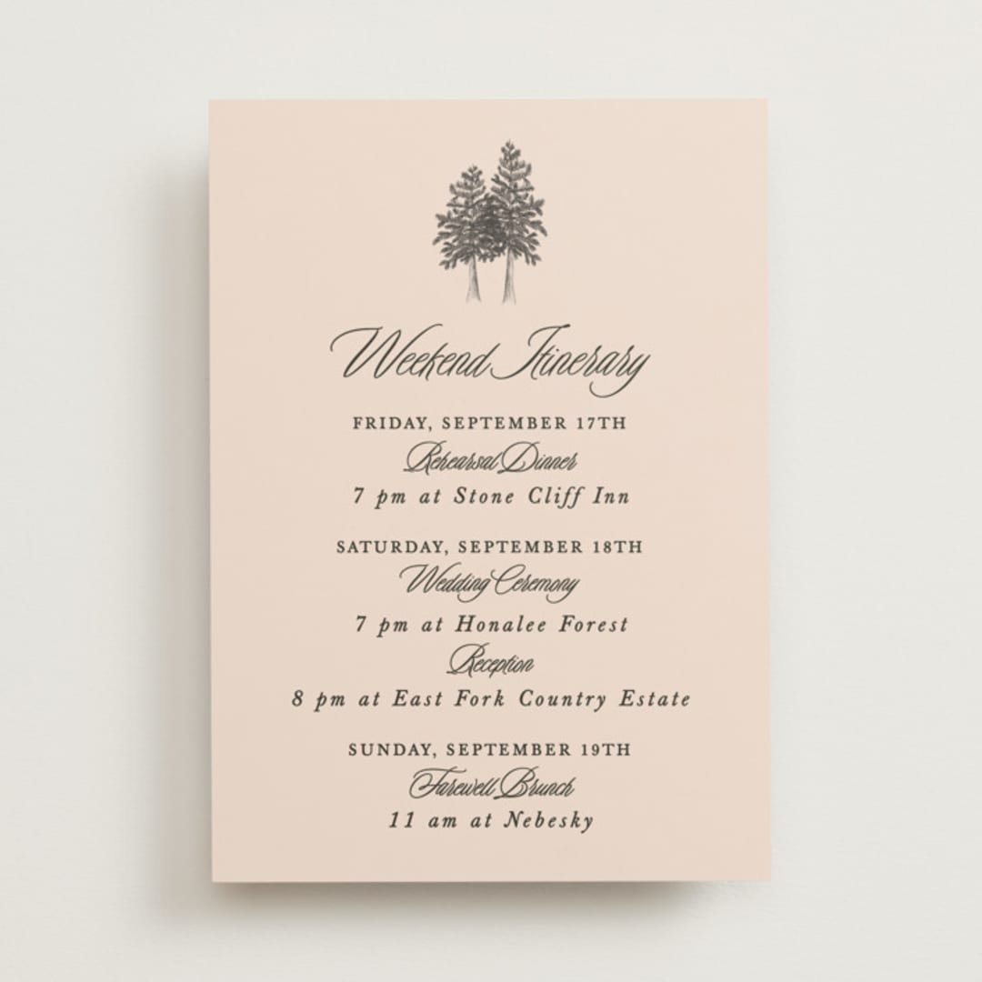 "Arboretum" - Wedding Weekend Itinerary Cards in Almond by Morgan Kendall - Front