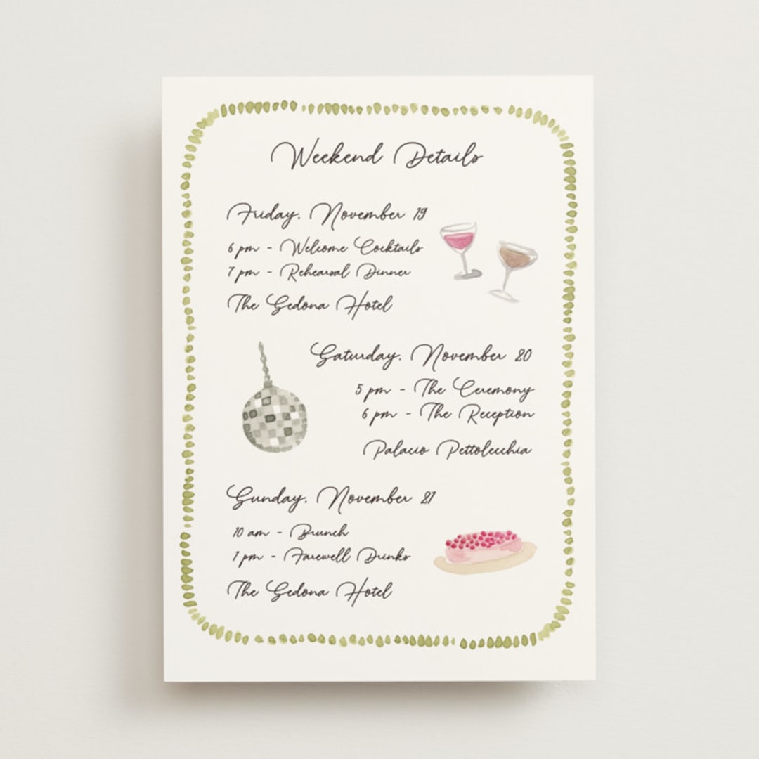 "Barolo" - Wedding Weekend Itinerary Cards in Deep Blush by Pati Cascino - Front
