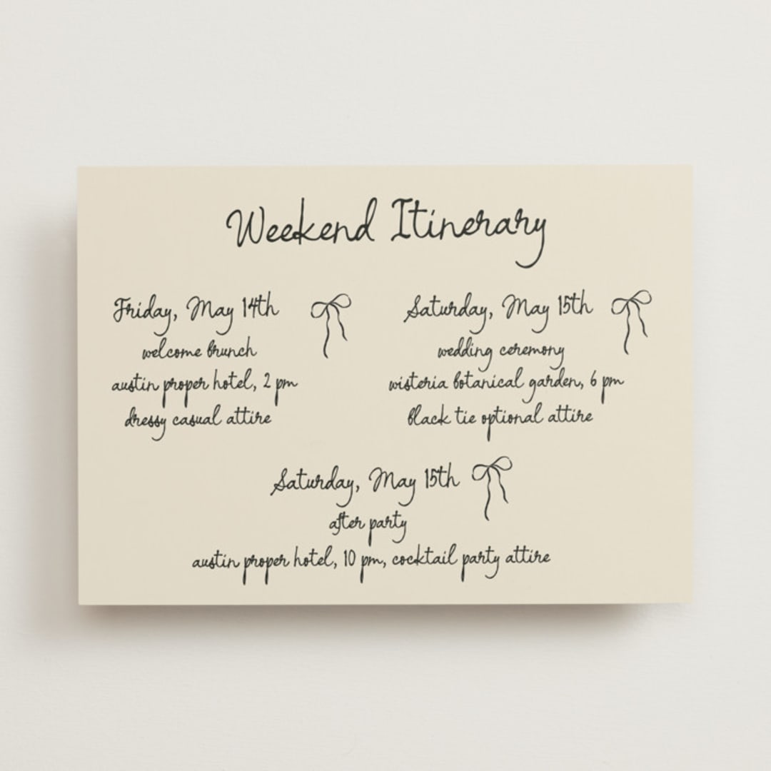 "Inkwoven" - Wedding Weekend Itinerary Cards in Tuxedo by Jelena Vuletic - Front