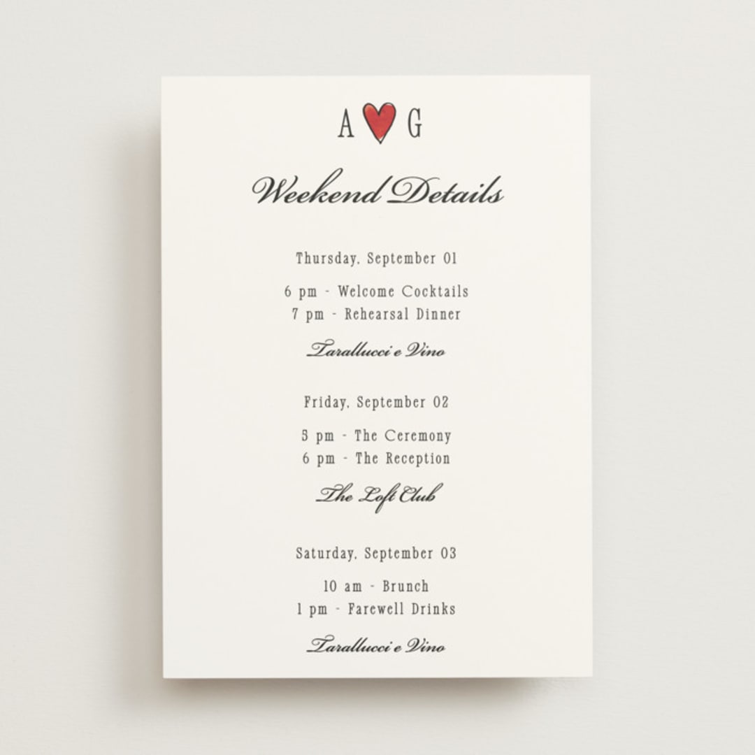 "Two Hearts" - Wedding Weekend Itinerary Cards in Lily by Pati Cascino - Front