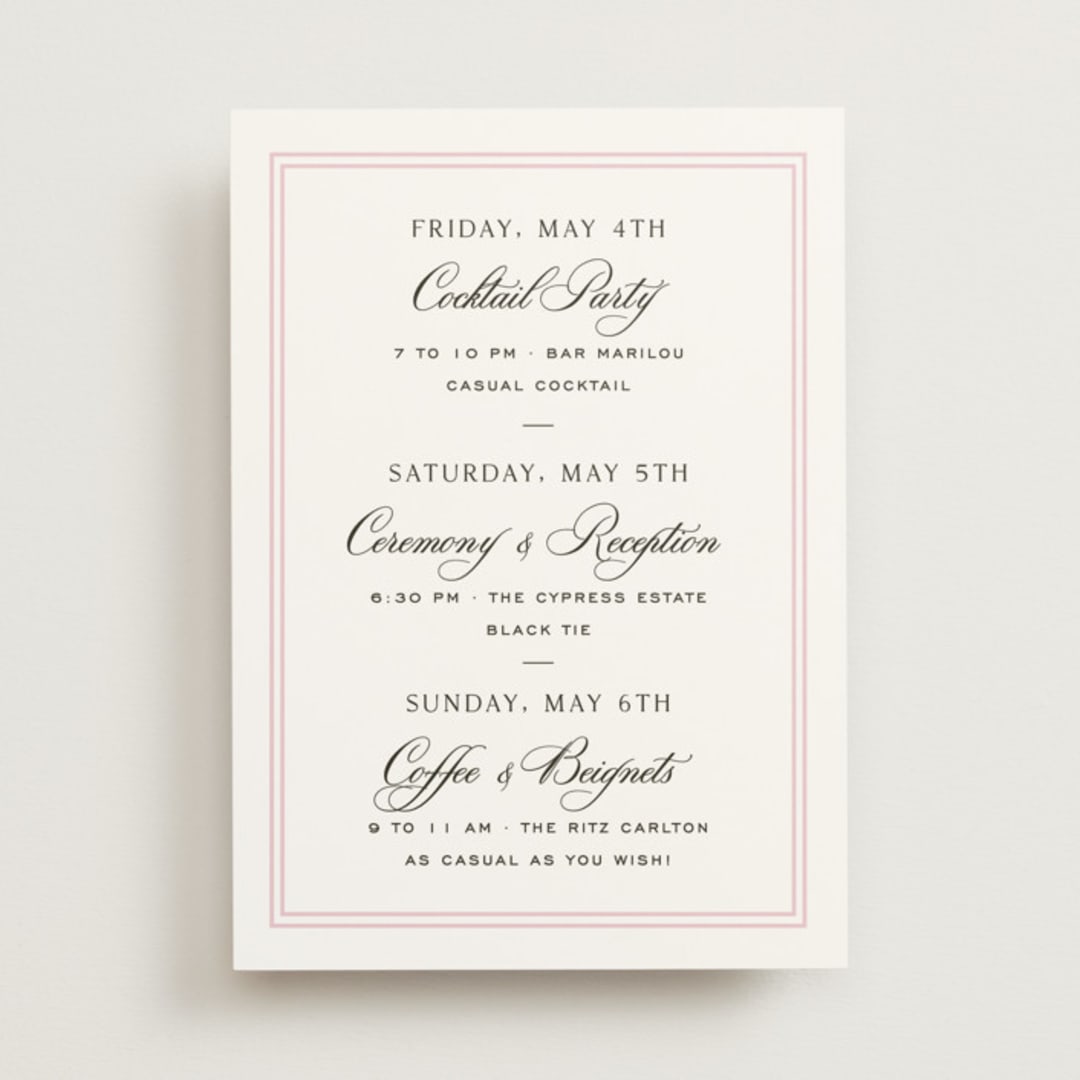 "Nola" - Wedding Weekend Itinerary Cards in Peony by Megan Davis - Front