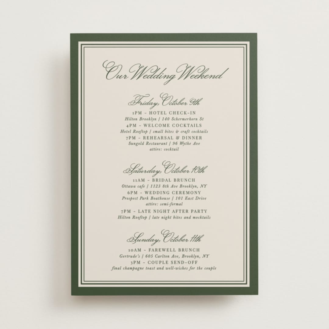 "Emerson" - Wedding Weekend Itinerary Cards in Evergreen by Kelly Watkins - Front