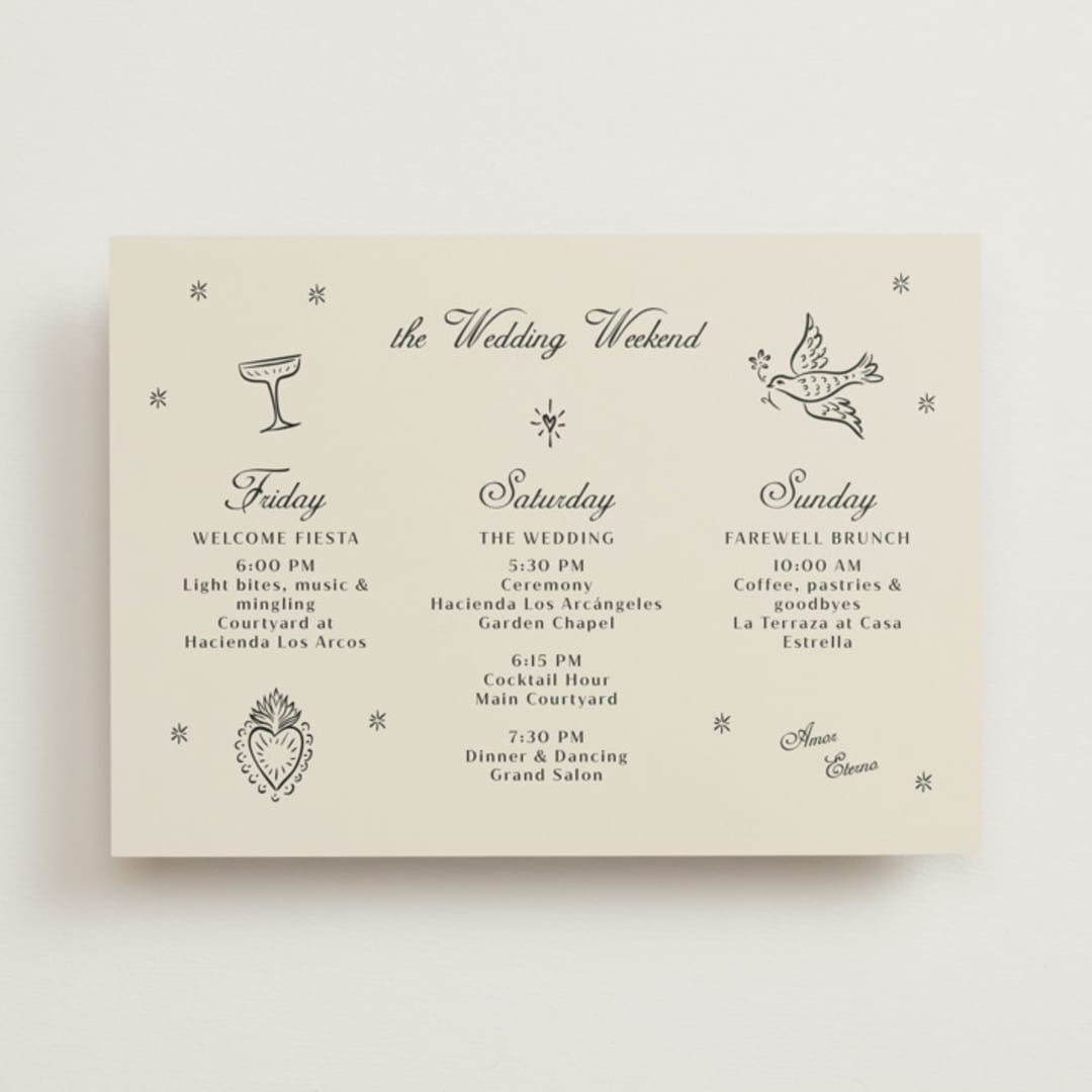 "Milagro" - Wedding Weekend Itinerary Cards in Ivory by Ani Somi - Front