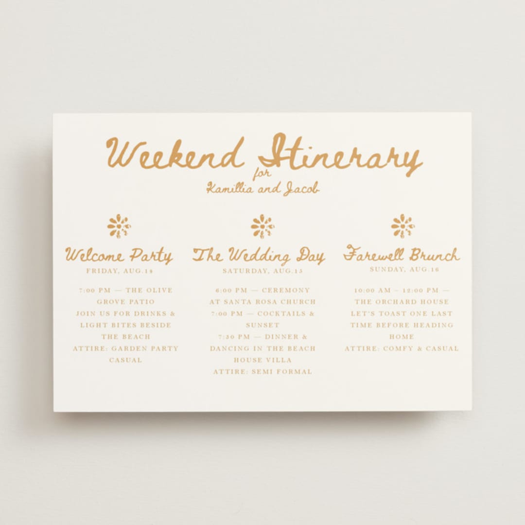 "Tribal Rythm" - Wedding Weekend Itinerary Cards in Amber by Selima Akhter - Front