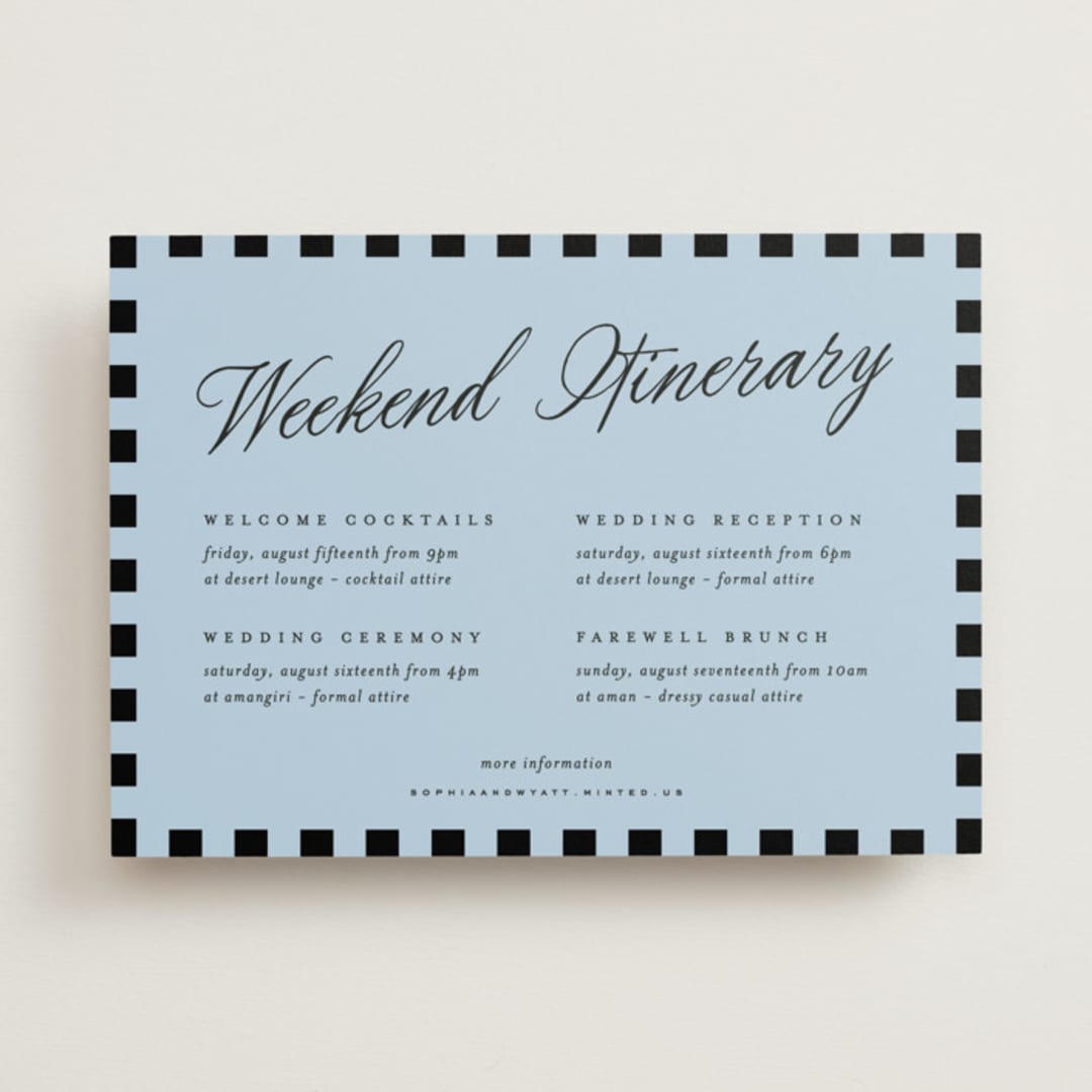 "Tarte Tatin" - Wedding Weekend Itinerary Cards in Sky by Blustery August - Front