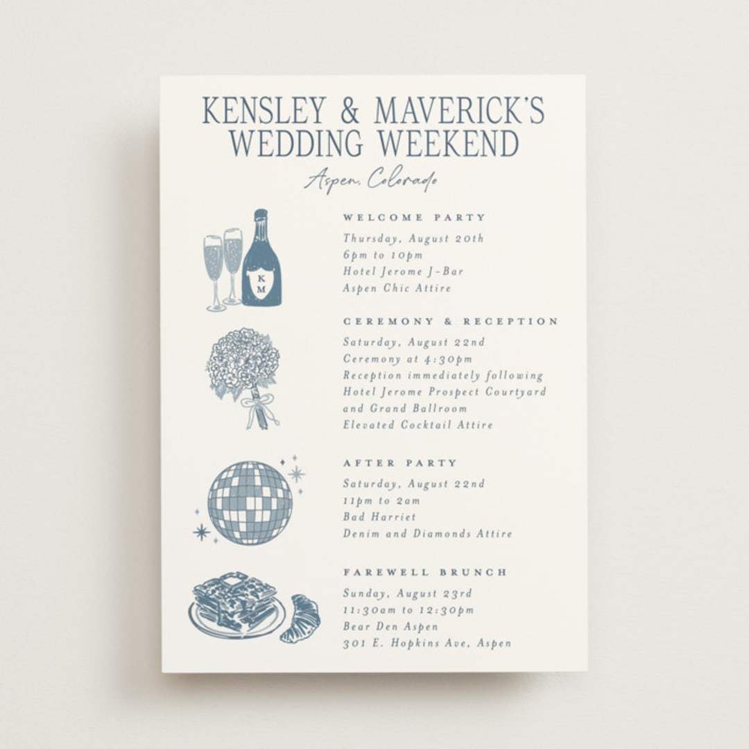 "Mountain Toile" - Wedding Weekend Itinerary Cards in Denim by Jenna Holcomb - Front
