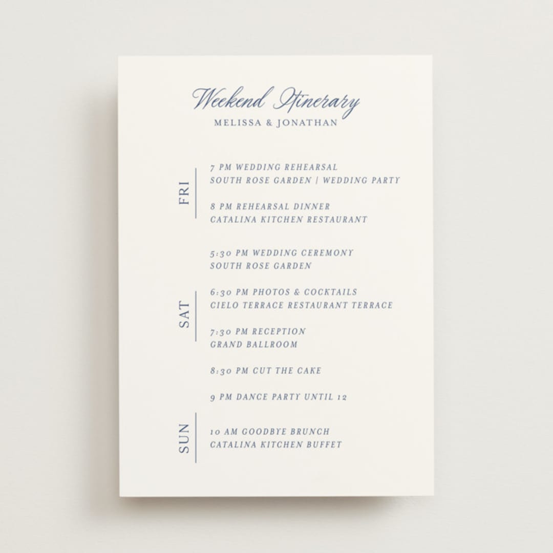 "Vintage Blue" - Wedding Weekend Itinerary Cards in Navy by Becky Nimoy - Front