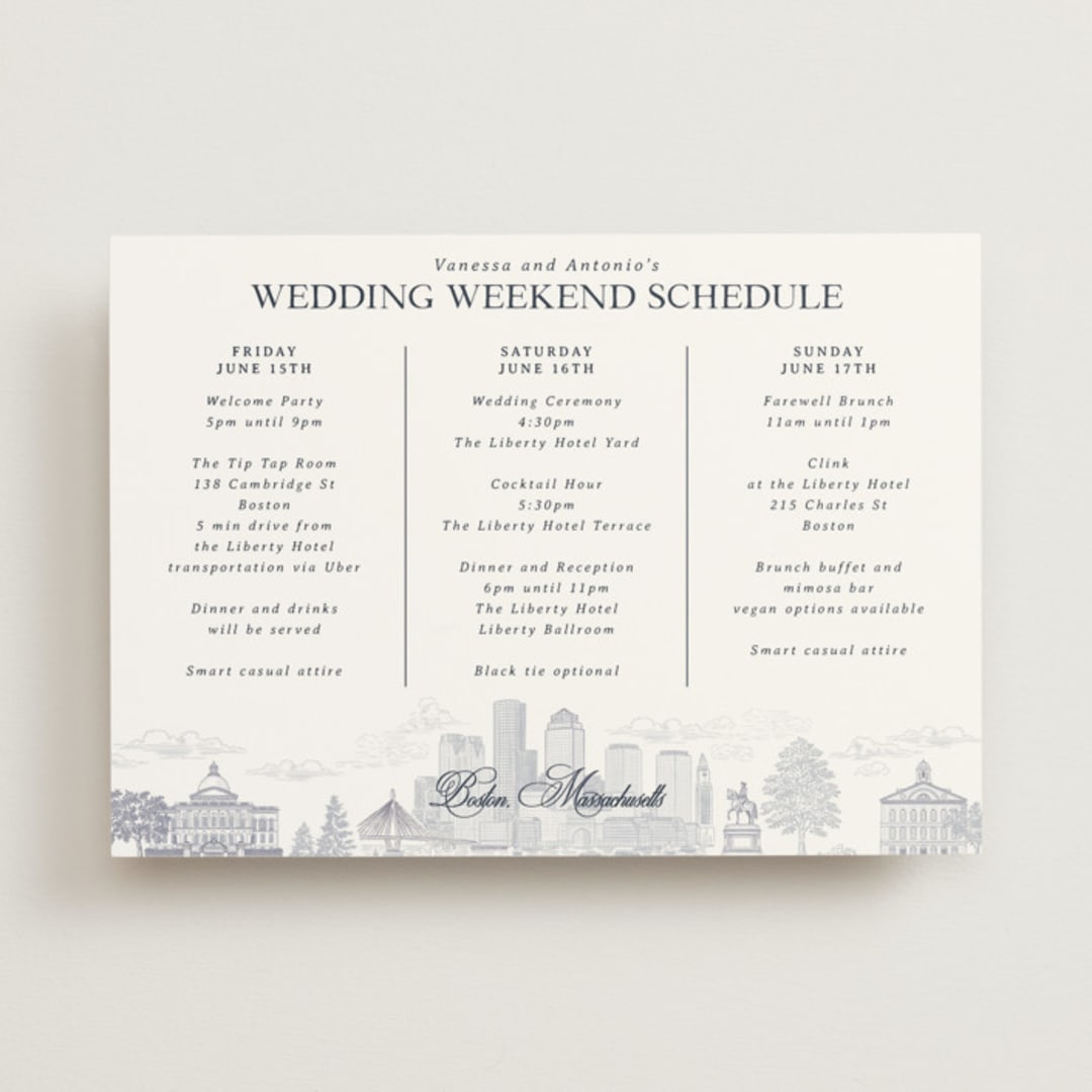 "Boston Toile" - Wedding Weekend Itinerary Cards in Marine by Jenna Holcomb - Front