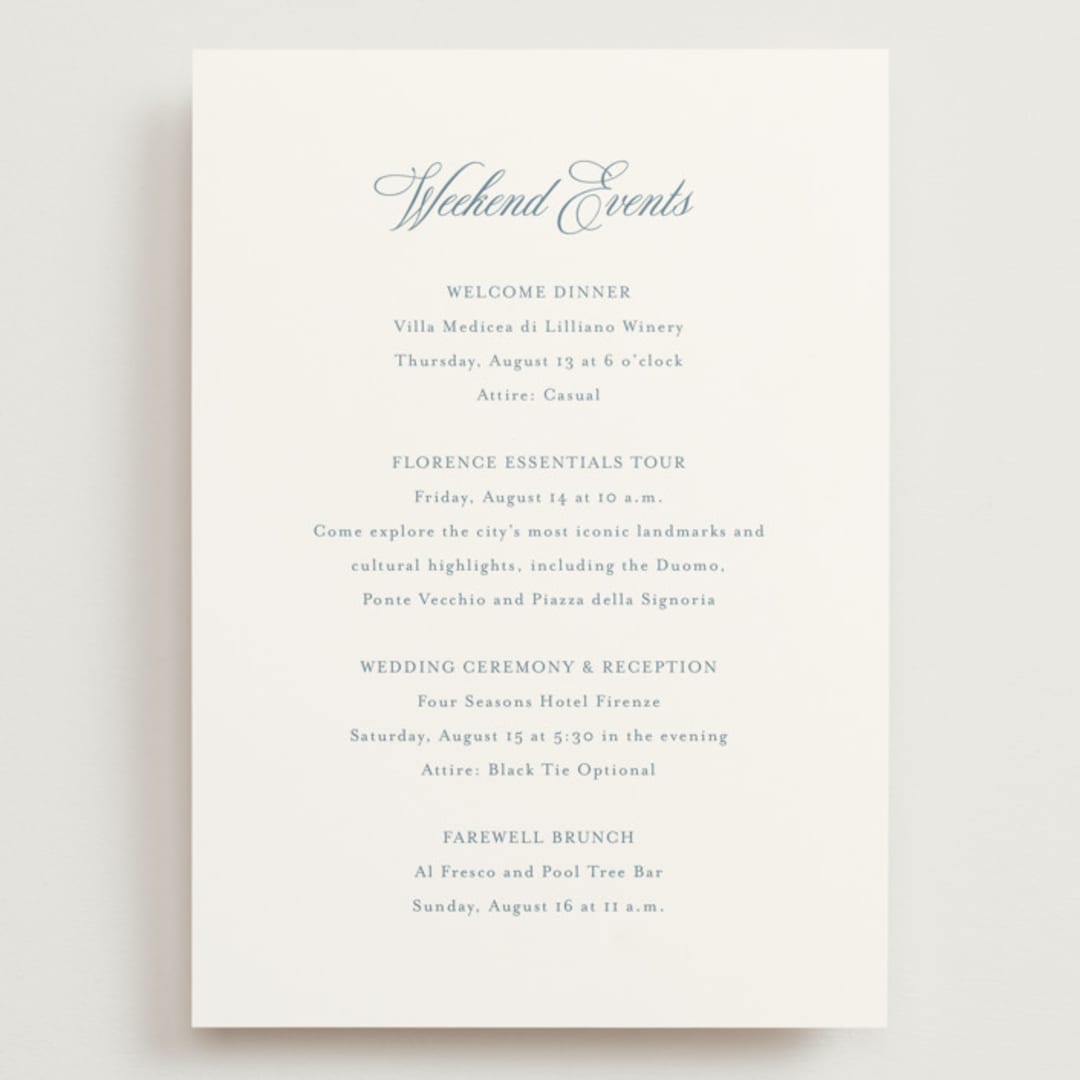 "Empire" - Wedding Weekend Itinerary Cards in Dusty Blue by Jennifer Postorino - Front