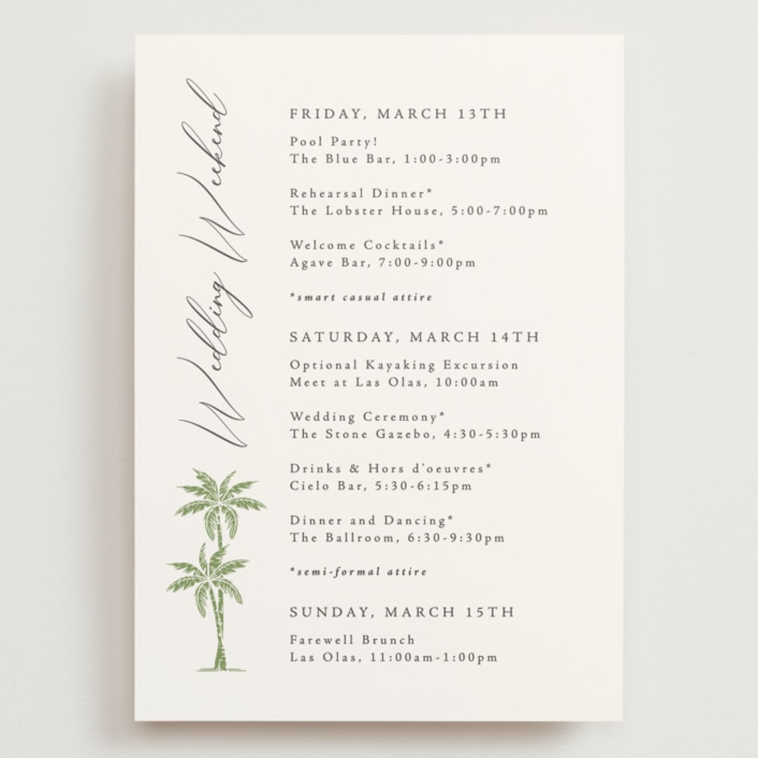 "Palm Monogram" - Wedding Weekend Itinerary Cards in Leaf by Olivia Raufman - Front
