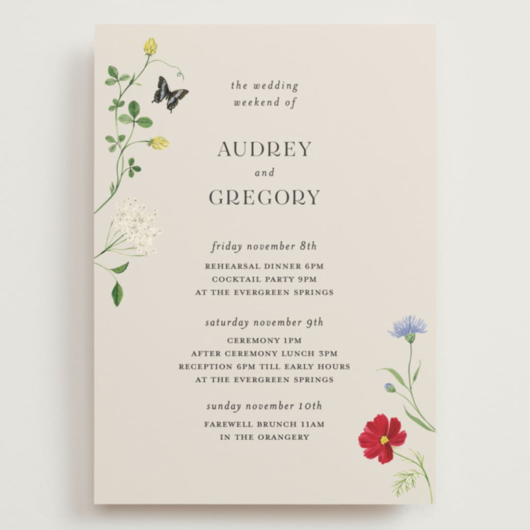 "Wild meadow" - Wedding Weekend Itinerary Cards in Elder Flower by Sarah Knight - Front
