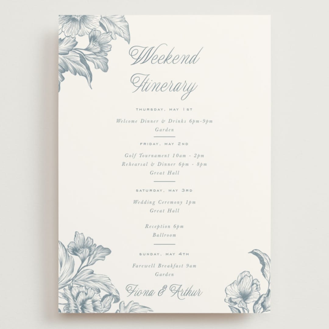 "Wreath In Bloom" - Wedding Weekend Itinerary Cards in Lake by Leah Bisch - Front