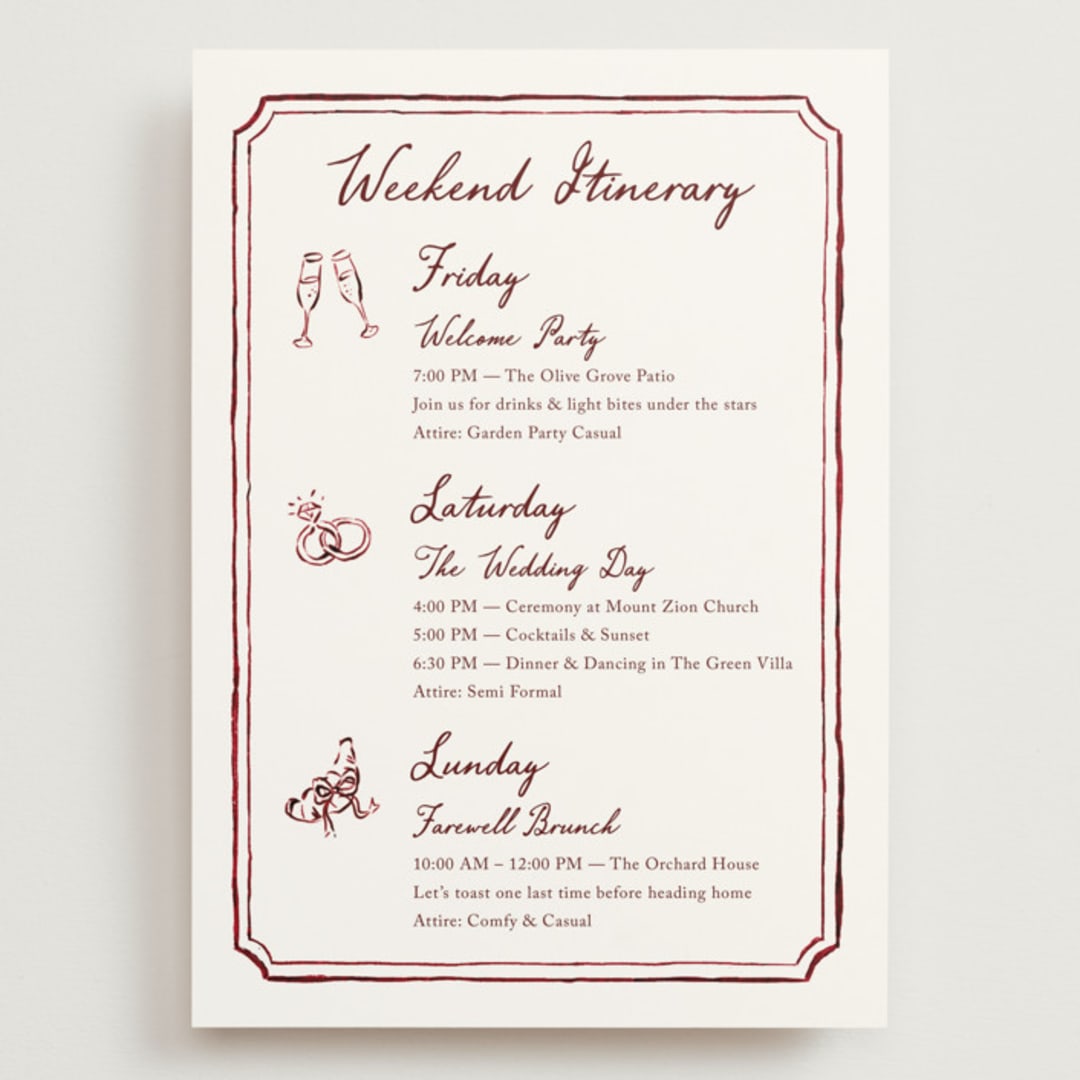 "Handwritten" - Wedding Weekend Itinerary Cards in Wine by Cass Loh - Front