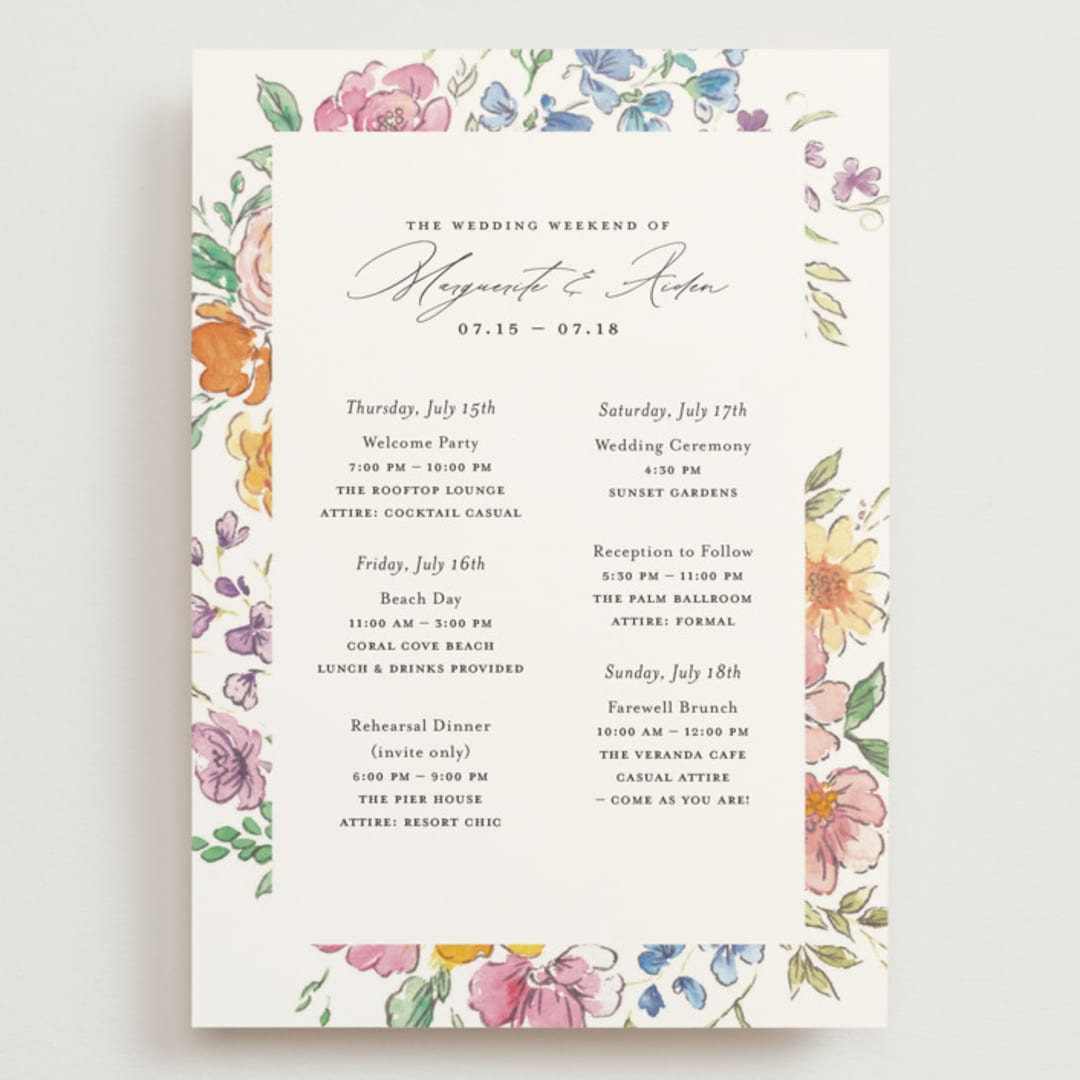 "Floral Pop" - Wedding Weekend Itinerary Cards in Tropical by Itsy Belle Studio - Front