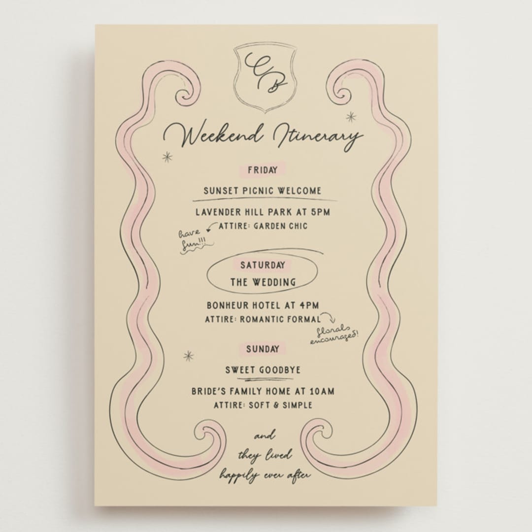 "Modern Fairy Tale" - Wedding Weekend Itinerary Cards in Rose by Helena Vitto - Front