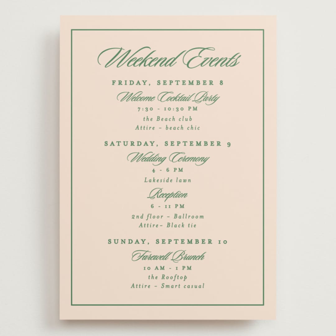 "Scripted" - Wedding Weekend Itinerary Cards in Emerald by Creo Study - Front