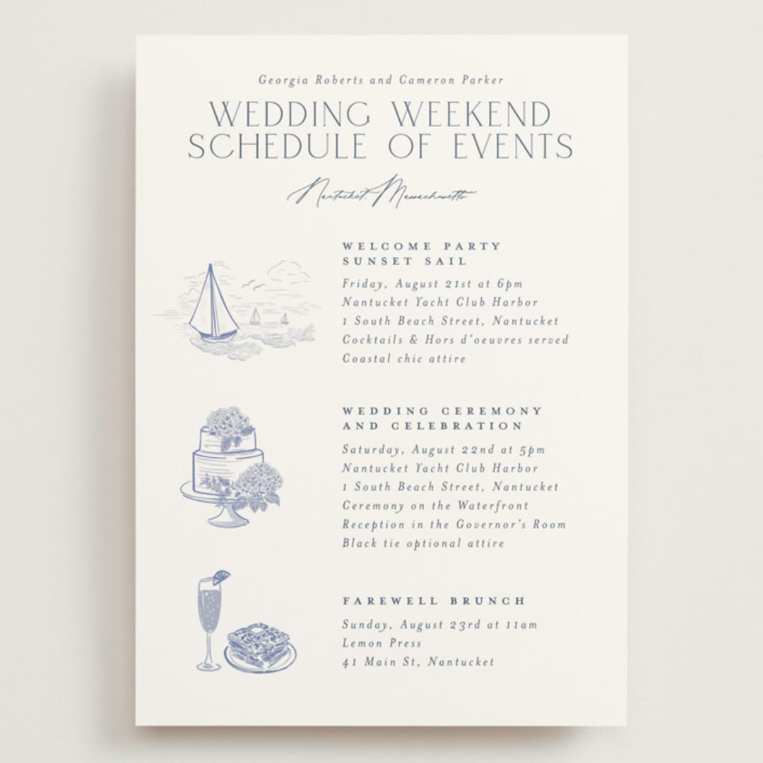 "Coastal Toile" - Wedding Weekend Itinerary Cards in Periwinkle by Jenna Holcomb - Front