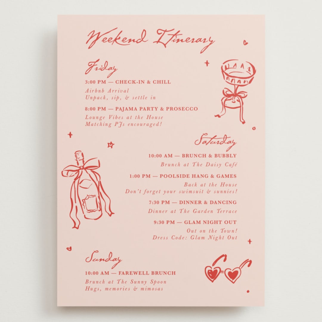 "Cheers to Love" - Wedding Weekend Itinerary Cards in Scarlet by Cass Loh - Front