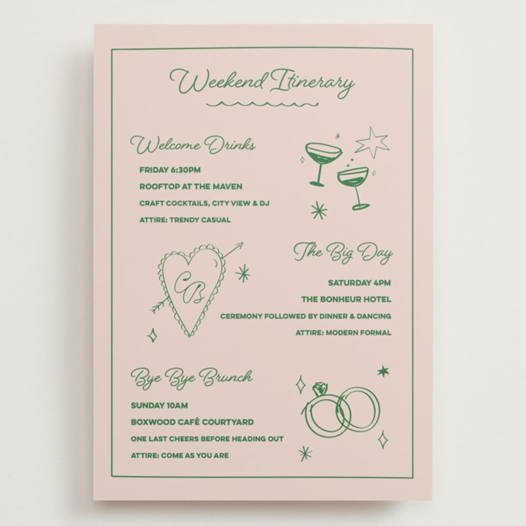"Crazy Little Thing Called Love" - Wedding Weekend Itinerary Cards in Avocado by Helena Vitto - Front