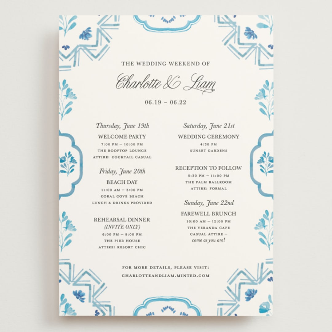 "Almafi" - Wedding Weekend Itinerary Cards in Cerulean by Itsy Belle Studio - Front