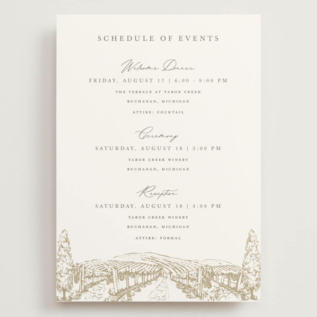 "Vineyard" - Wedding Weekend Itinerary Cards in Champagne by Sarah Brown - Front