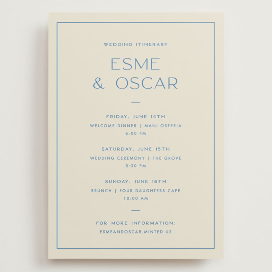 "Brooklyn" - Wedding Weekend Itinerary Cards in Cerulean by Ellen Schlegelmilch - Front