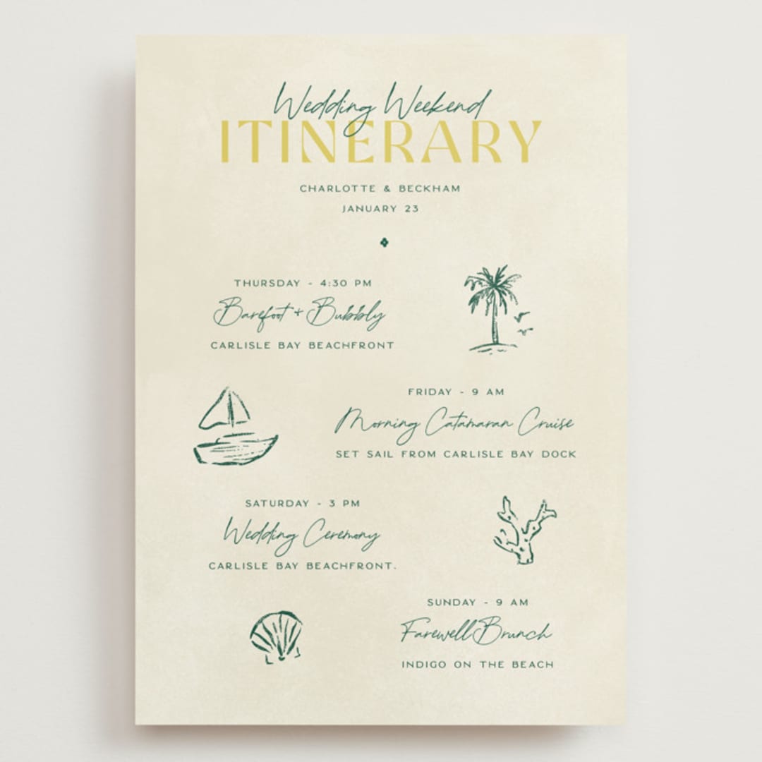 "Coastal Drift" - Wedding Weekend Itinerary Cards in Caribbean Citrus by Pixel and Hank - Front