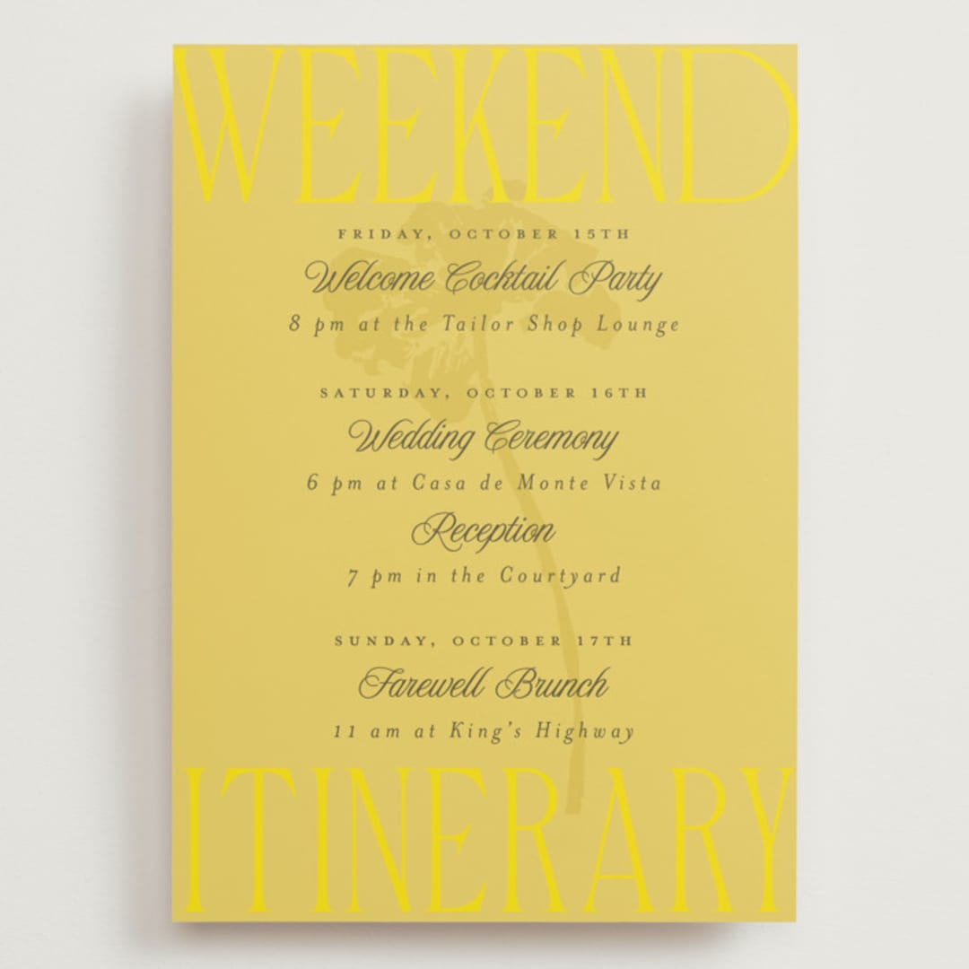 "Bloom" - Wedding Weekend Itinerary Cards in Caribbean Citrus by Morgan Kendall - Front