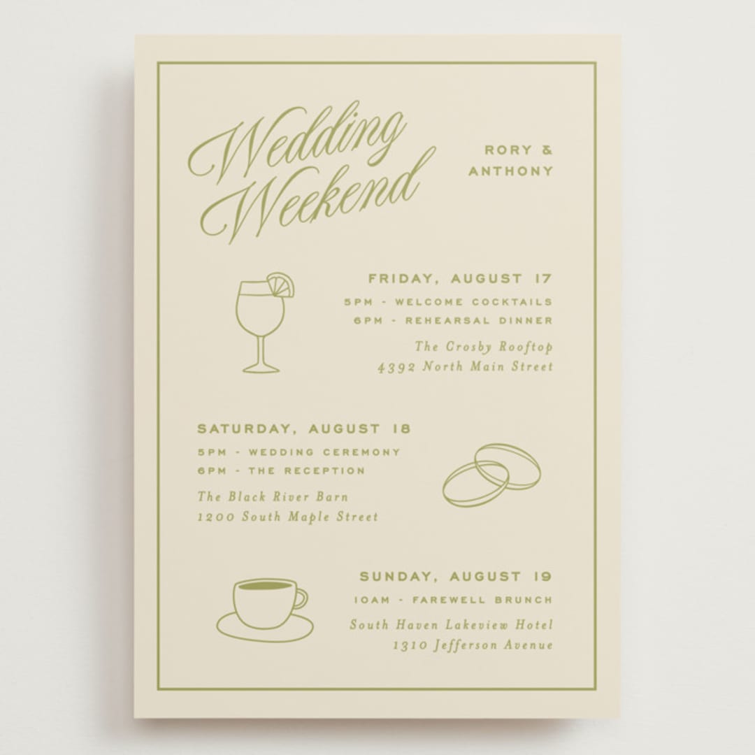 "rory" - Wedding Weekend Itinerary Cards in Olive by Ellen Schlegelmilch - Front