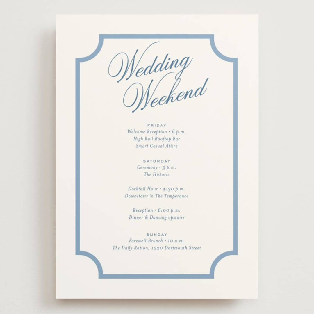 "Marenza" - Wedding Weekend Itinerary Cards in Bluebell by Jessica Williams - Front