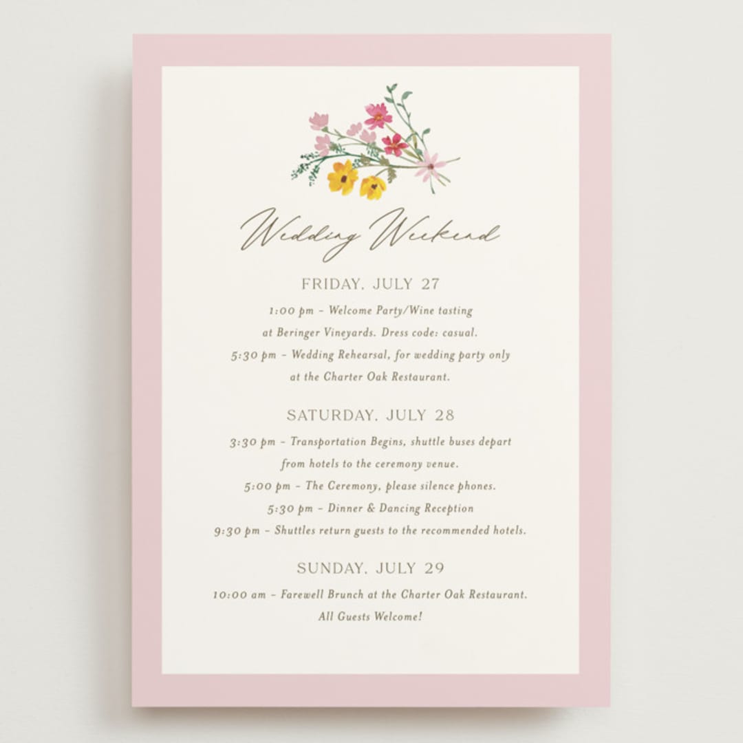 "Wildflower Wreath" - Wedding Weekend Itinerary Cards in Peony by Yaling Hou Suzuki - Front
