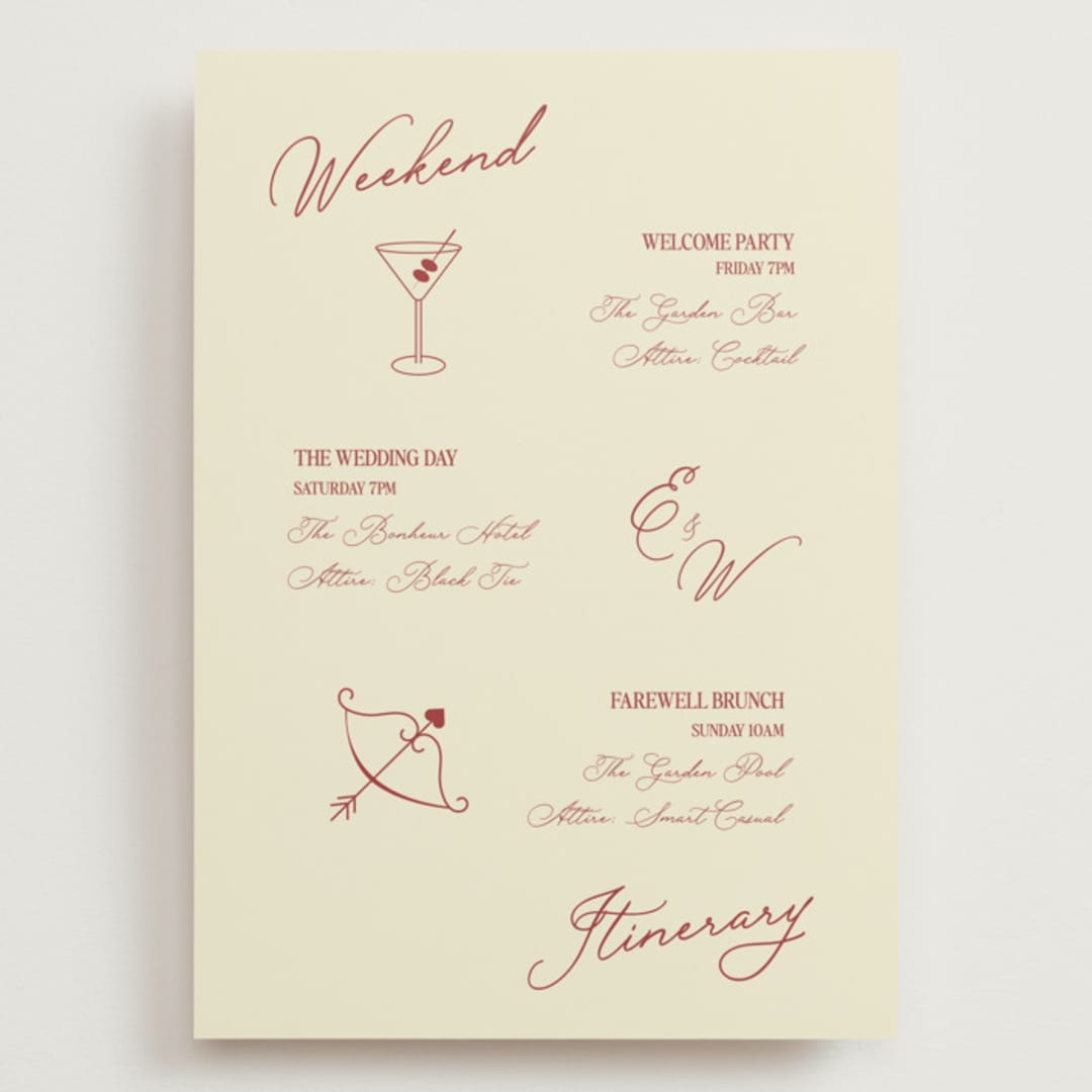 "Elizabeth" - Wedding Weekend Itinerary Cards in Burgundy by Helena Vitto - Front