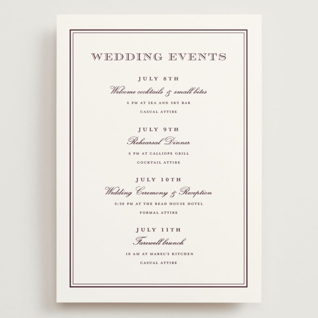 "Engraved names" - Wedding Weekend Itinerary Cards in Burgundy by Stacey Meacham - Front