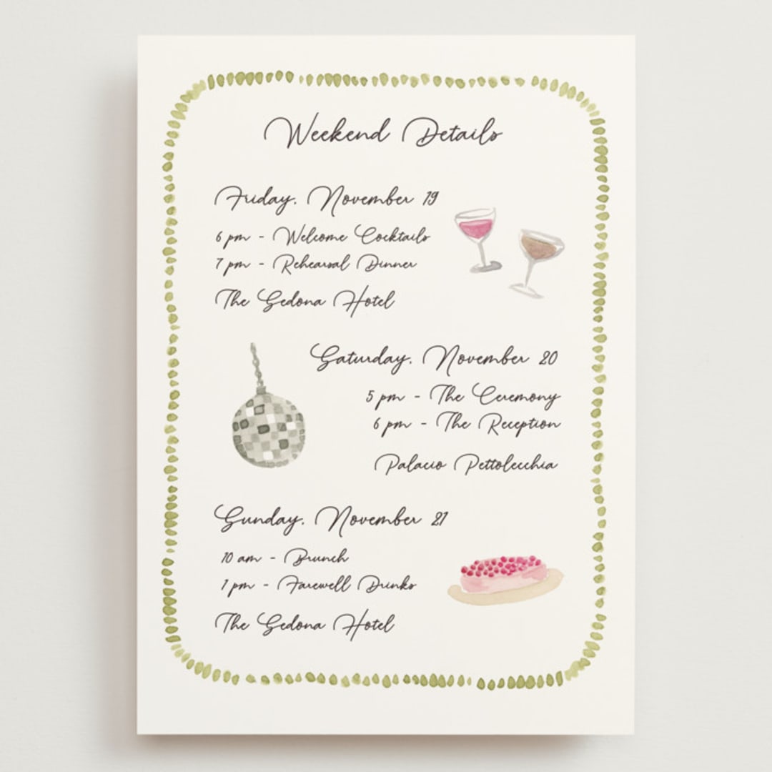 "Barolo" - Wedding Weekend Itinerary Cards in Deep Blush by Pati Cascino - Front