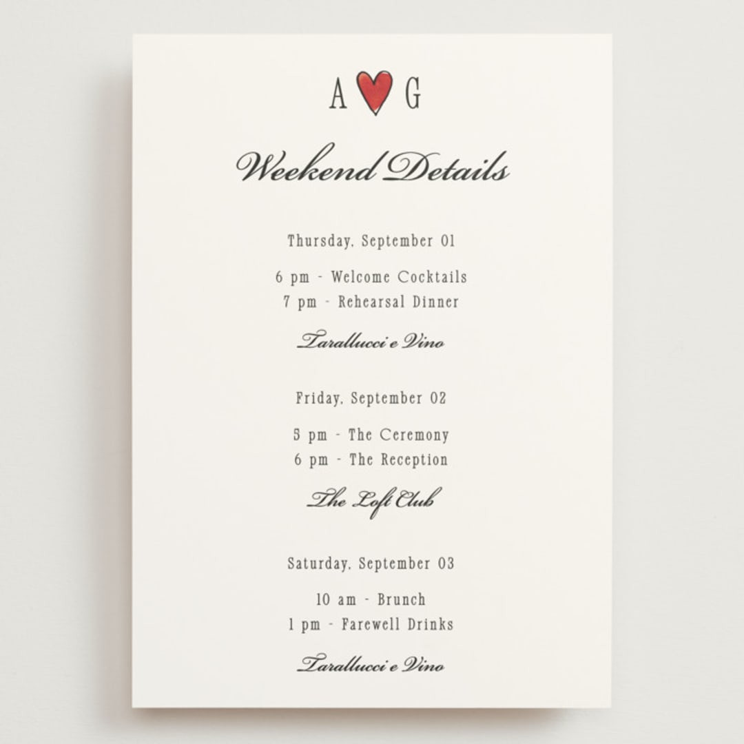 "Two Hearts" - Wedding Weekend Itinerary Cards in Lily by Pati Cascino - Front