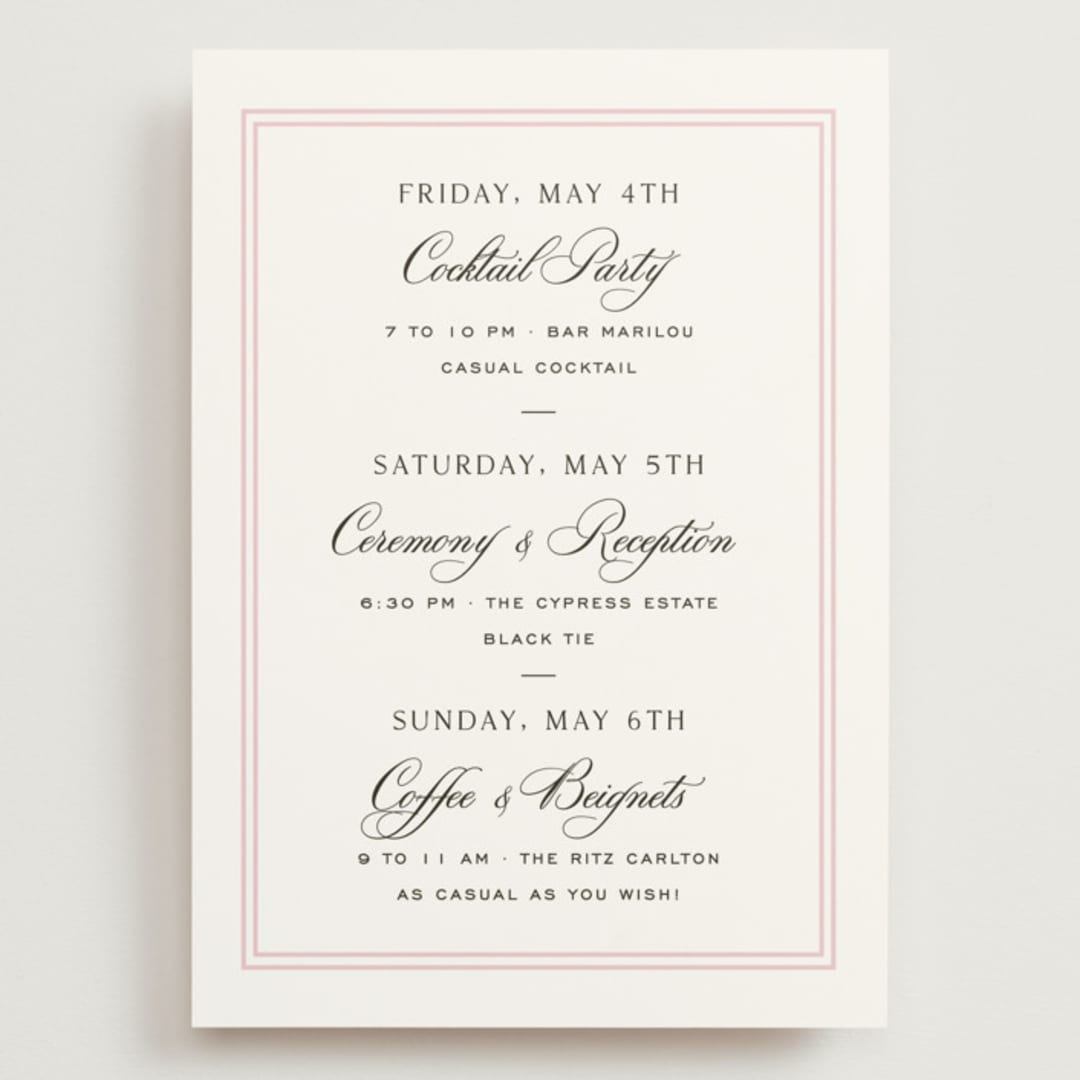 "Nola" - Wedding Weekend Itinerary Cards in Peony by Megan Davis - Front