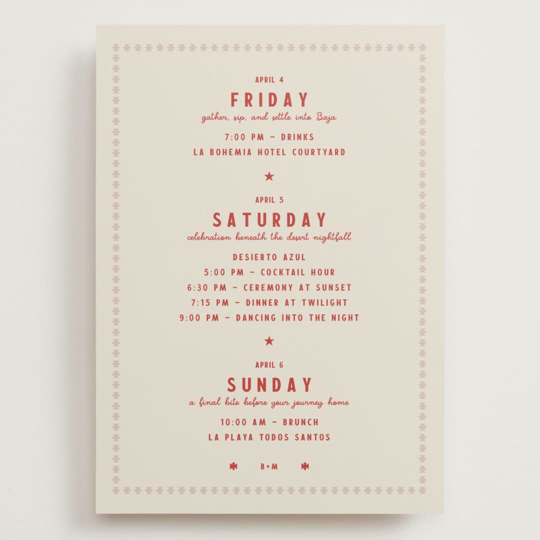 "Coyota" - Wedding Weekend Itinerary Cards in Sierra by Ani Somi - Front