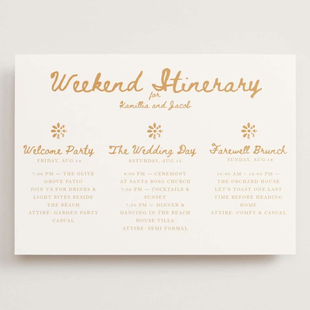 "Tribal Rythm" - Wedding Weekend Itinerary Cards in Amber by Selima Akhter - Front