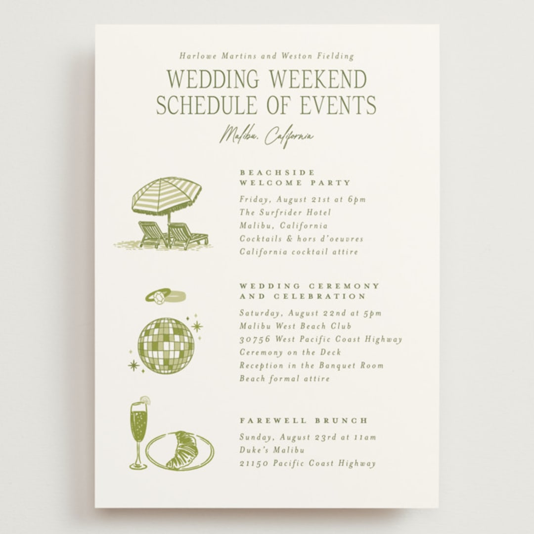 "West Coast Toile" - Wedding Weekend Itinerary Cards in Palm by Jenna Holcomb - Front