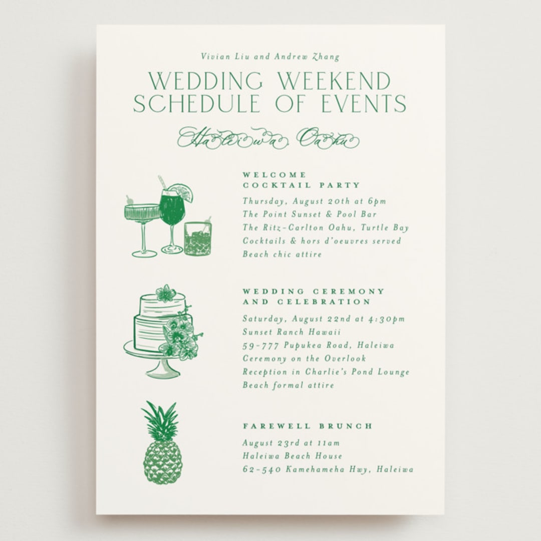 "Tropical Toile" - Wedding Weekend Itinerary Cards in Jade by Jenna Holcomb - Front