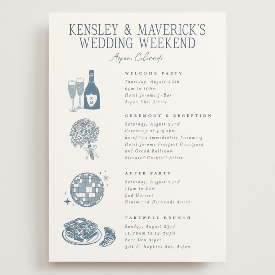 "Mountain Toile" - Wedding Weekend Itinerary Cards in Denim by Jenna Holcomb - Front