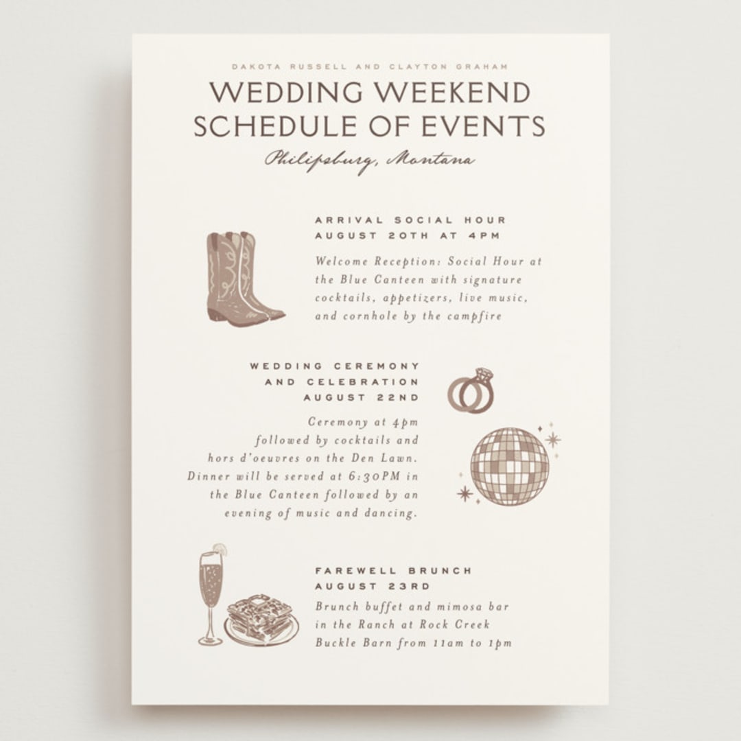 "Mountain Ranch Toile" - Wedding Weekend Itinerary Cards in Leather by Jenna Holcomb - Front