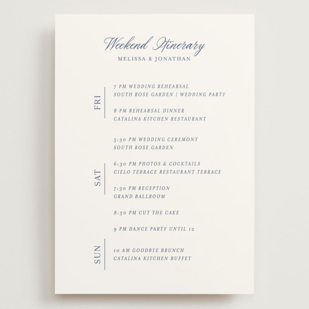 "Vintage Blue" - Wedding Weekend Itinerary Cards in Navy by Becky Nimoy - Front