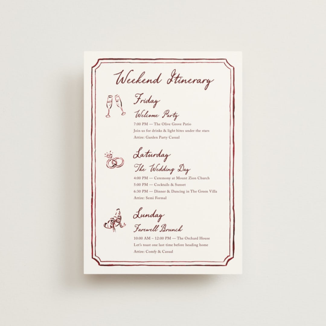 "Handwritten" - Wedding Weekend Itinerary Cards in Wine by Cass Loh - Front