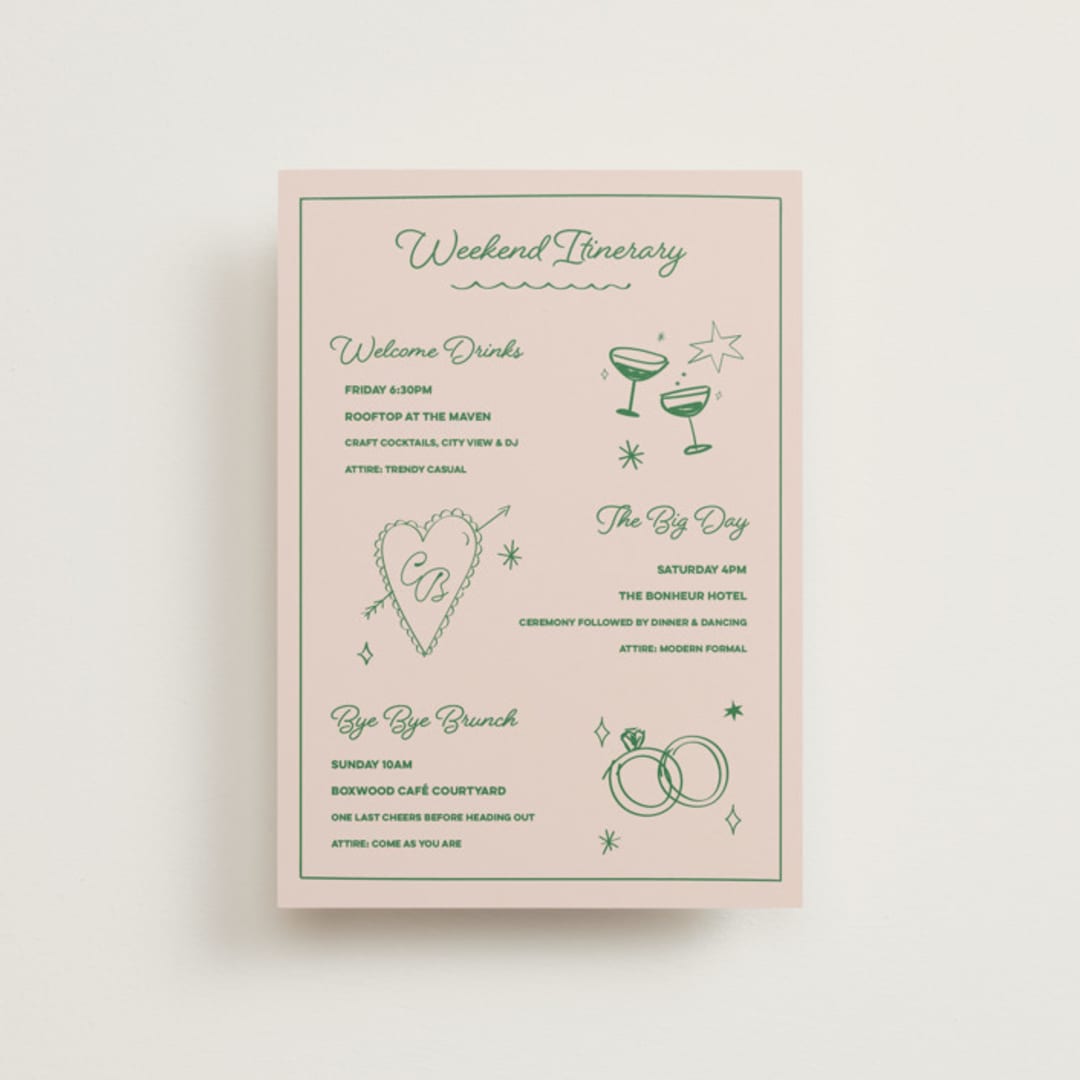 "Crazy Little Thing Called Love" - Wedding Weekend Itinerary Cards in Avocado by Helena Vitto - Front